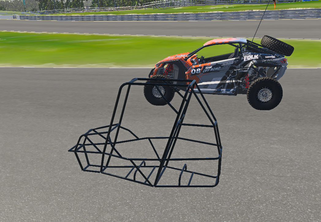 SolidWorks-derived Baja SAE frame imported into BeamNG, in the foreground of the simulation scene.
