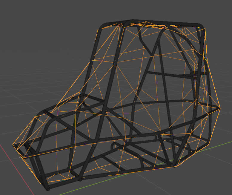 Orange outer JBeam shell surrounding the black tubular Baja SAE frame in Blender.