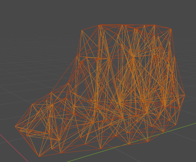 Generated JBeam wireframe showing the outer shell and dense internal bracing in Blender.