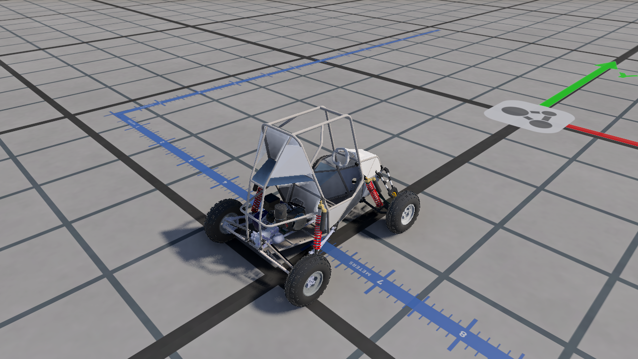 Complete CAD-derived Baja SAE development vehicle in BeamNG, showing the tubular frame, body panels, drivetrain, wheels, and red coilover springs.