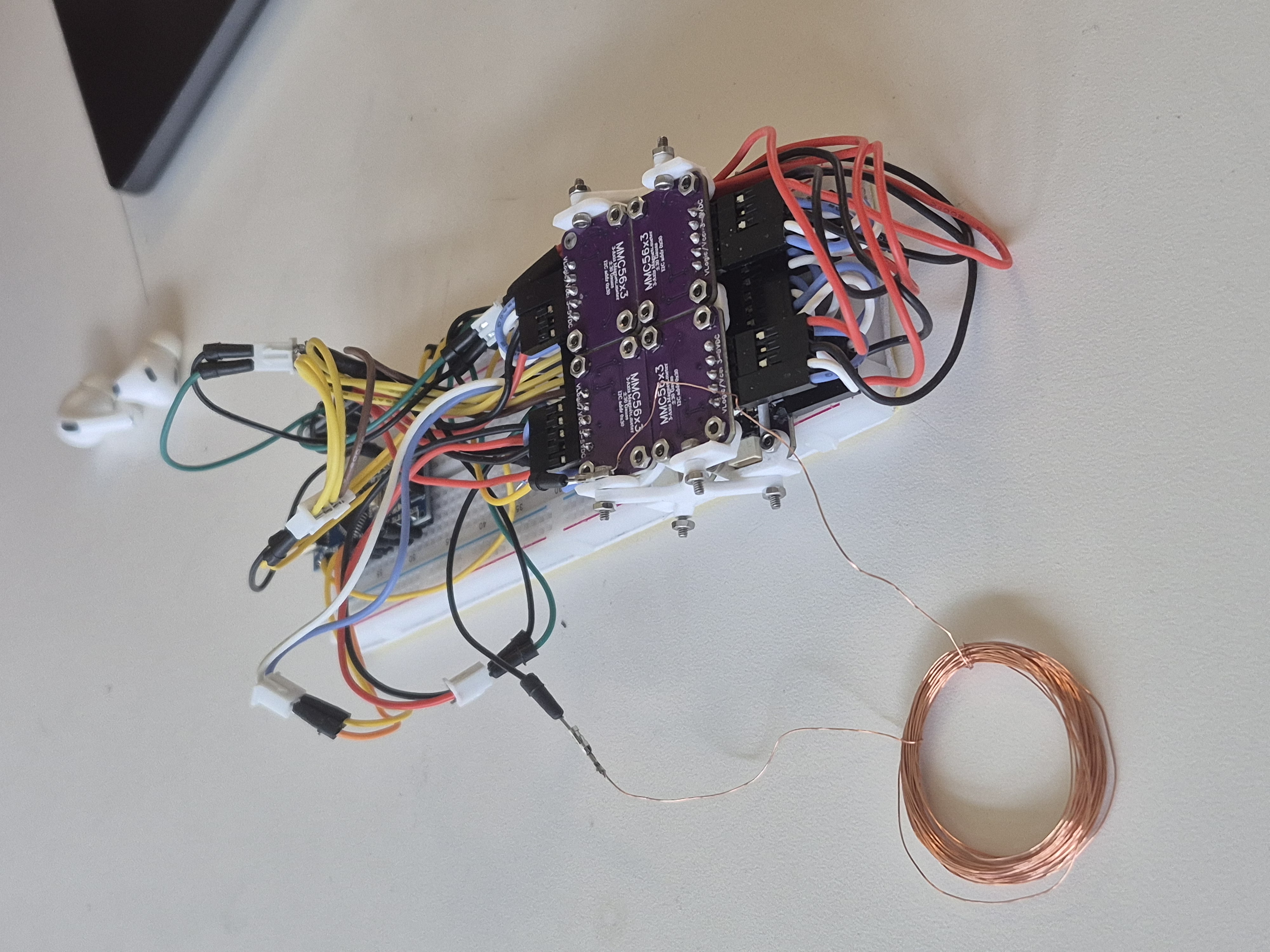 GestureLink physical prototype with ring coil and wired sensor assembly.