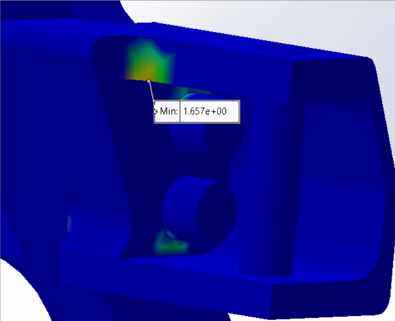 Factor of safety and stress visualization for tie rod tab concept.